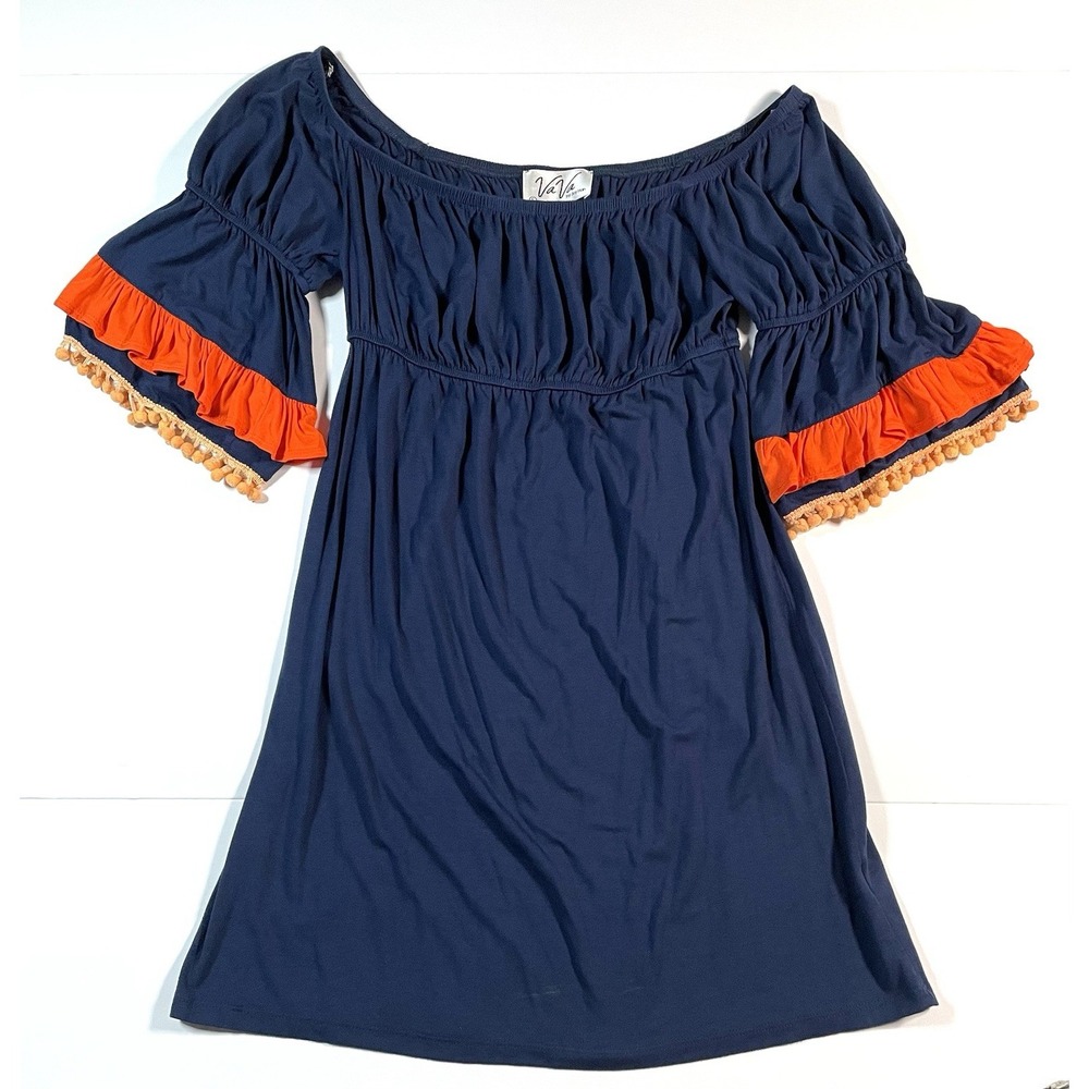 VaVa by Joy Han Dress Blue Orange Tassels Baby Doll Dress Small Vintage Made USA